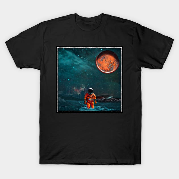 Astronaut Crash Landing on Alien Planet with Orange Moon T-Shirt by OrionLodubyal